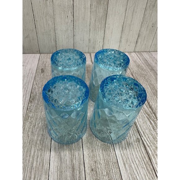 Vtg Drinking Glass Tumblers Aqua Electric Blue Diamond Quilted 3.5" Tall Set 4 - Picture 2 of 7
